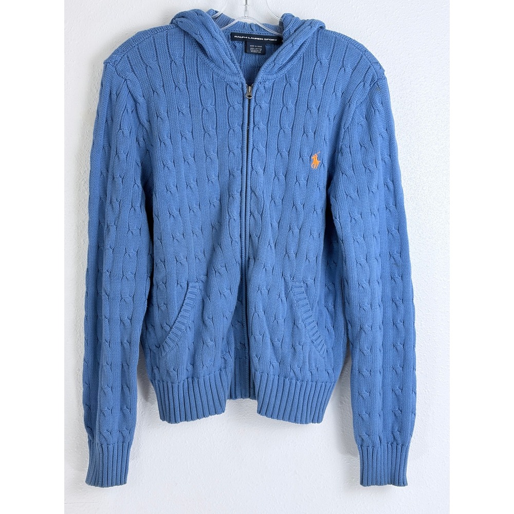 Ralph Lauren Sport Blue Cable Knit Cotton Zip Hoodie Sweater XL